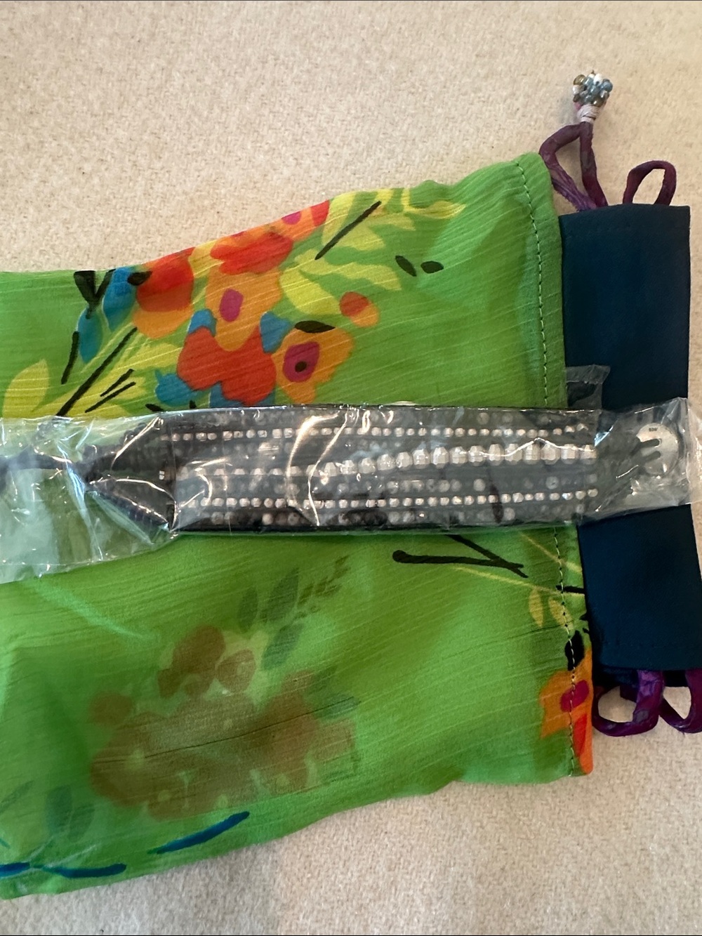 NWT Chan Luu Black/Silver & Leather Bracelet with Floral Drawstring Pouch